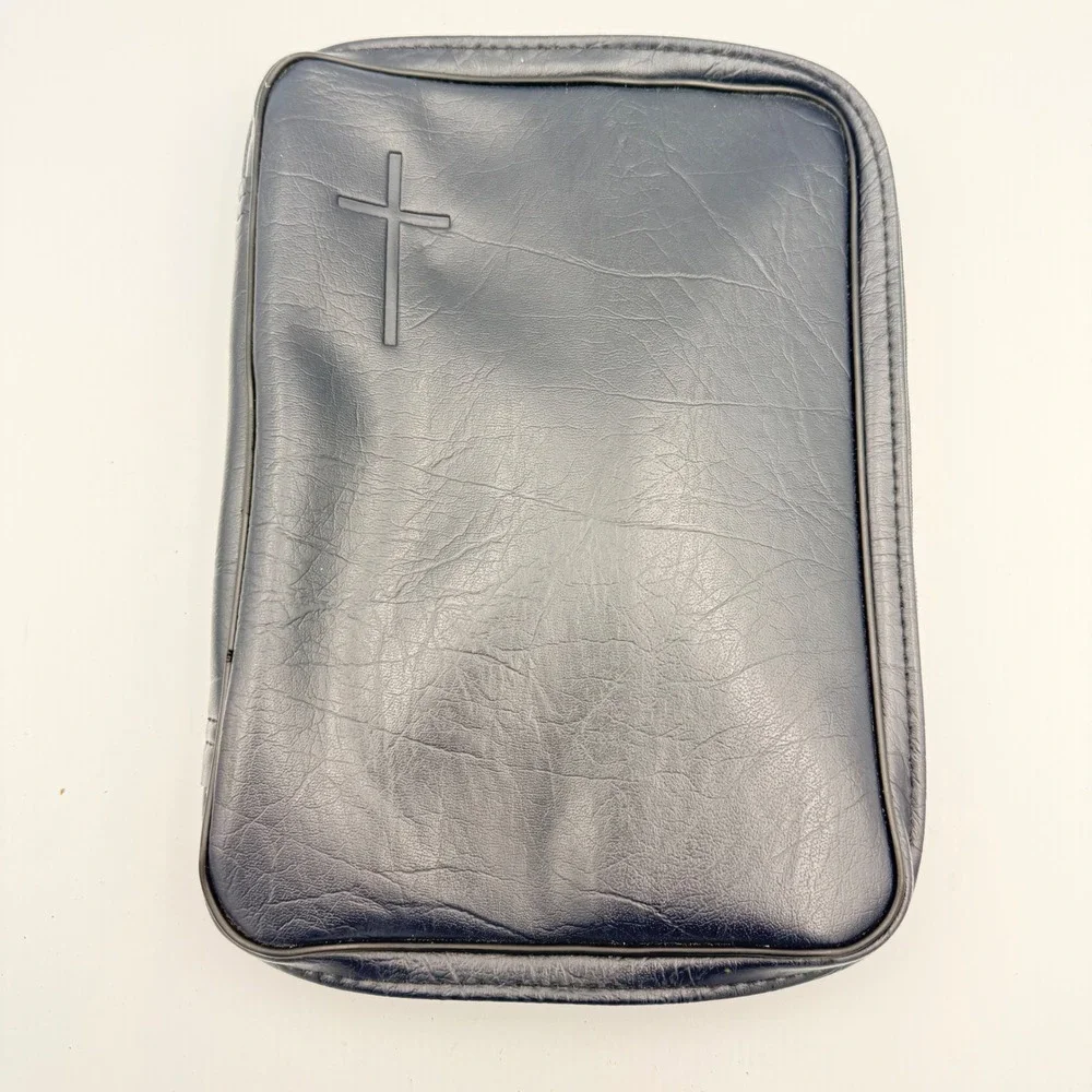 Bible Cover Navy Blue Leather  Embossed Cross Zip Around Case 11x8 Large